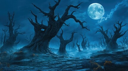Spooky, barren trees under a full moon