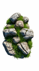 A cluster of grey rocks, nestled together, is adorned with vibrant green grass sprouting between and around them. The scene is isolated against a pure white backdrop.