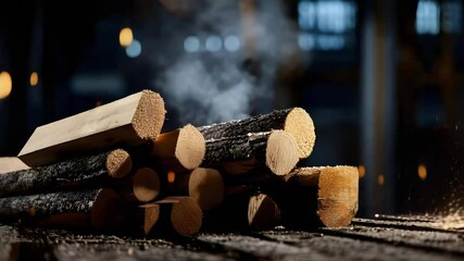 A stack of wooden logs with sparks flying, suggesting a woodworking or construction scene.
