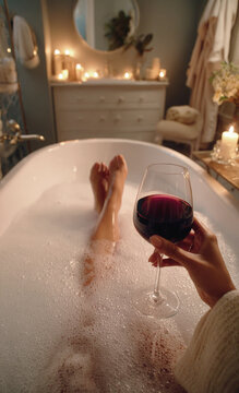 Woman relaxing in bubble bath with glass of red wine.