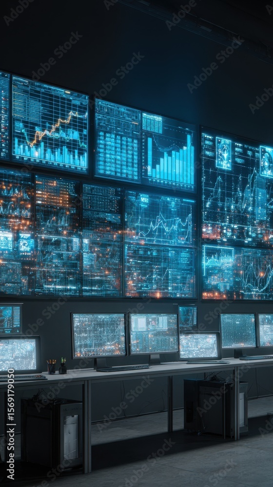 Poster engaging visual of a control room filled with holographic displays and digital dashboards representi
