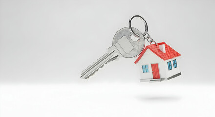 A silver key with a miniature house keychain hangs against a white background, symbolizing homeownership, new beginnings, and real estate.