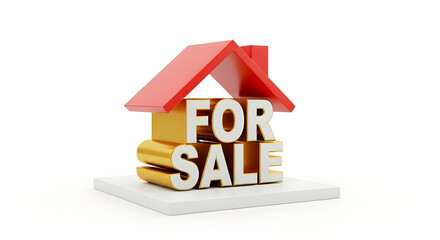 A 3D rendering showcases a gold 'For Sale' sign nestled under a red house roof, sitting on a white platform.  The image represents real estate or property sales.