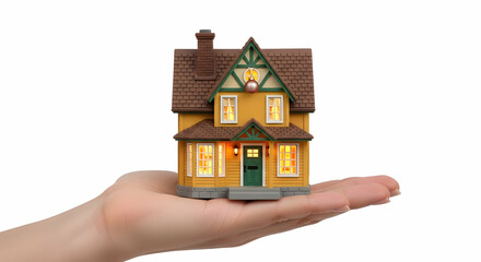A welcoming image showcasing a miniature yellow house with lit windows, gently cradled in an open palm.  It symbolizes homeownership, comfort, and new beginnings.