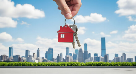 A hand holds house-shaped keys against a backdrop of a modern city skyline, symbolizing urban real estate and homeownership.