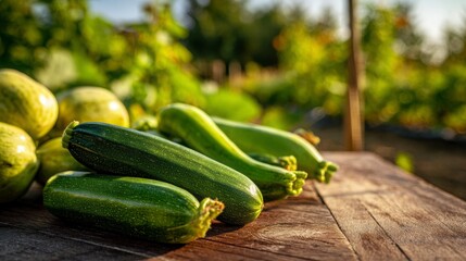 Freshly harvested green zucchini and cucumbers laid out on a wooden table outdoors, glowing under soft natural sunlight in a farm setting