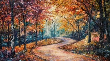Obraz premium A vibrant autumn landscape with a winding path surrounded by colorful trees.