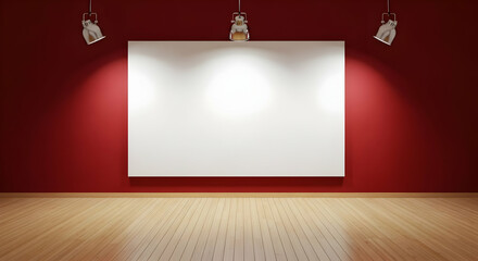 A minimalist room with red walls, light wood floors, and a large blank canvas centered, illuminated by three hanging spotlights.  Perfect for showcasing art or design.