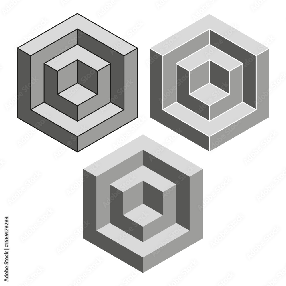 Poster geometric hexagon shape. optical cube illusion. abstract volume element. vector black white.