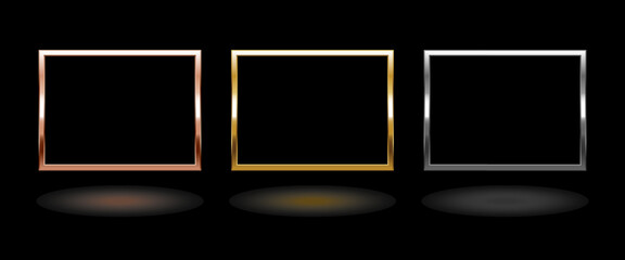 Shiny metal rectangle frame. Isolated luxury pink gold, gold and silver border on black background. Set of glossy quadrilateral frame mockup design element. Vector illustration.