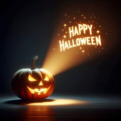 An illustration of a single jack-o'-lantern sitting in a dark space. A bright, warm beam of light shoots out from pumpkin, projecting the phrase "Happy Halloween" in a bold, glowing, and magical font.