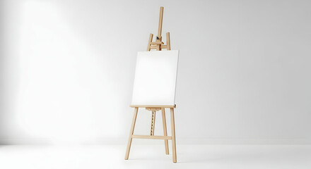 A pristine white canvas rests on a simple wooden easel against a minimalist white backdrop.  The scene evokes a sense of artistic potential and creative space.