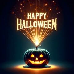 An illustration of a single jack-o'-lantern sitting in a dark space. A bright, warm beam of light shoots out from pumpkin, projecting the phrase "Happy Halloween" in a bold, glowing, and magical font.