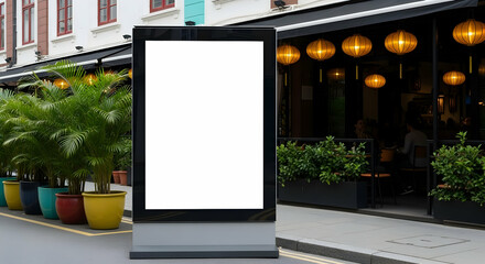A large, blank billboard stands outside a stylish restaurant with outdoor seating and warm lighting. Lush greenery adds to the inviting ambiance.