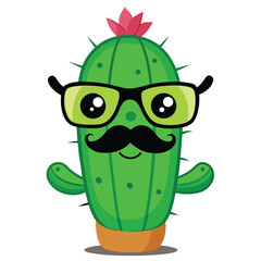 A cartoon cactus with party glasses and a mustache, a fun symbol of a party, celebration, and a trendy, unique plant.