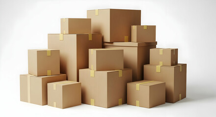 A collection of various-sized cardboard boxes, neatly stacked, sealed with tape, ready for shipping or moving.  The boxes are light brown against a white background.