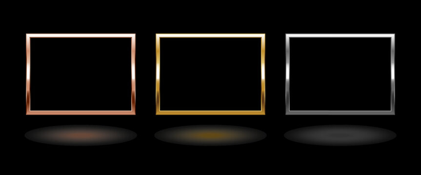 Shiny metal rectangle frame. Isolated luxury pink gold, gold and silver border on black background. Set of glossy quadrilateral frame mockup design element. Vector illustration.