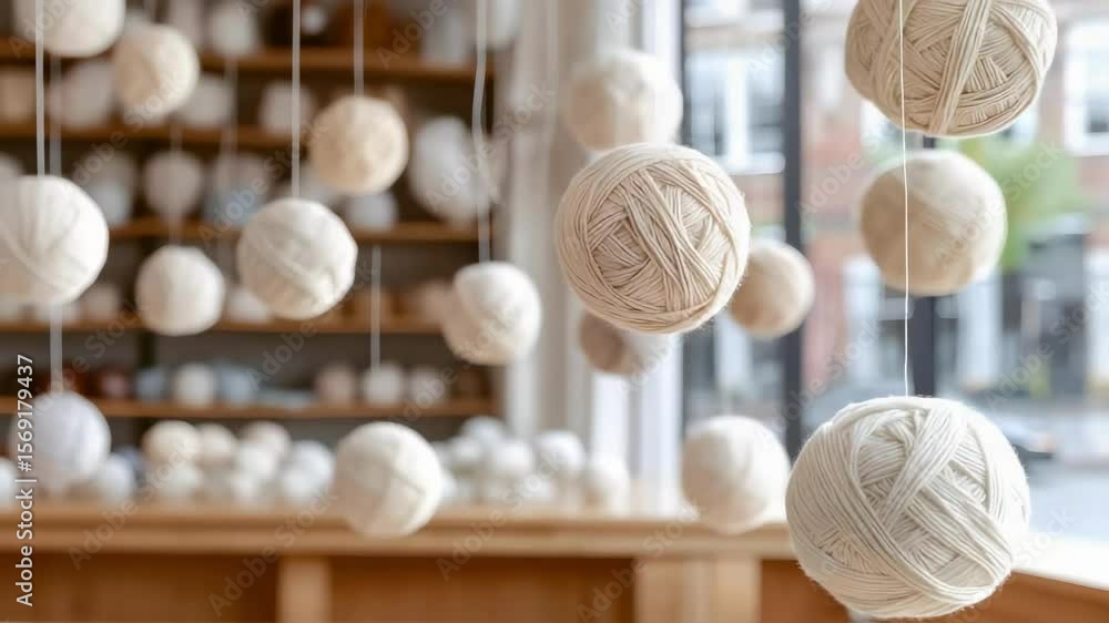 Poster a display of cream-colored yarn balls hanging from strings, creating a decorative and artistic arran