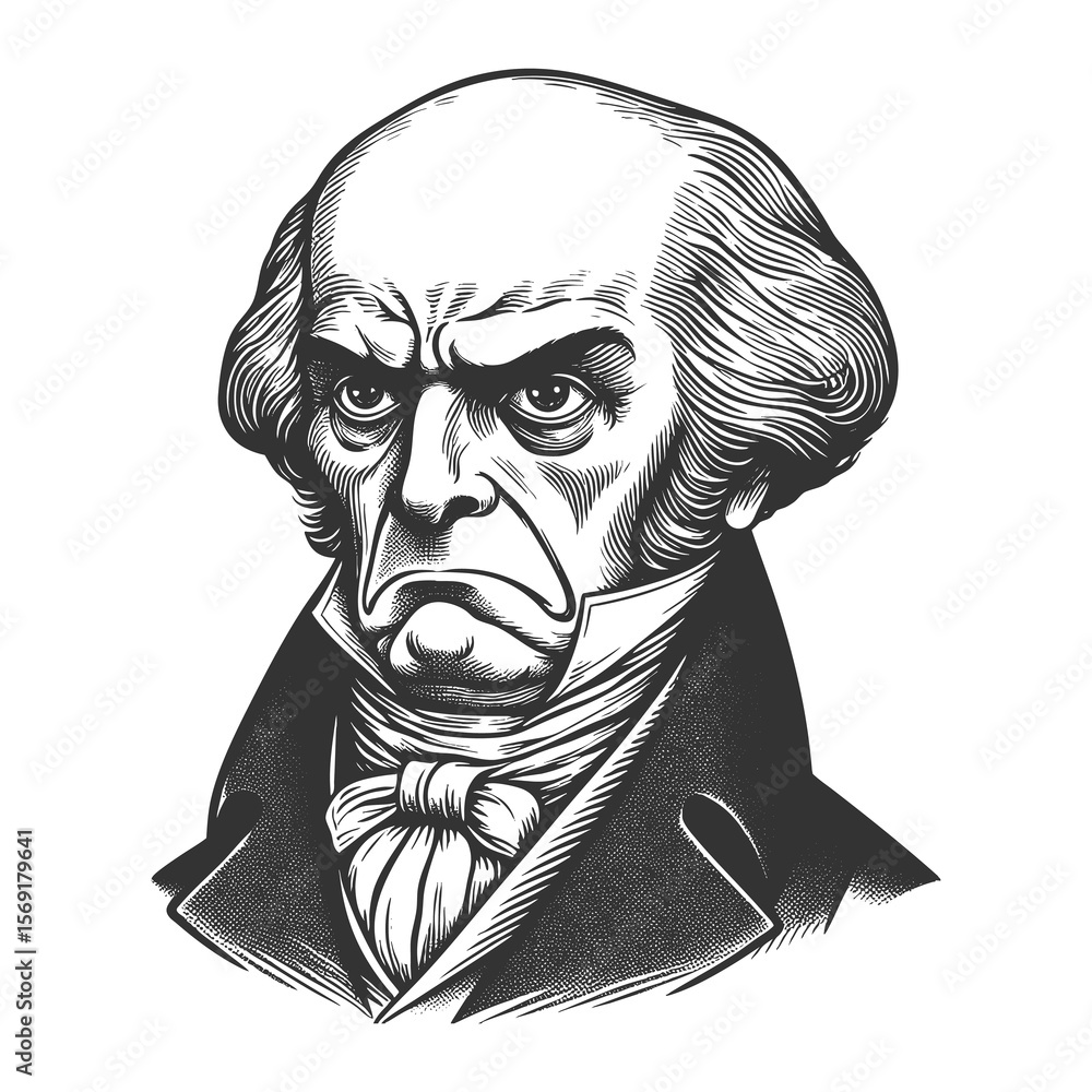 Poster man in a suit and bow tie, frowning with a stern, serious facial expression sketch engraving generat