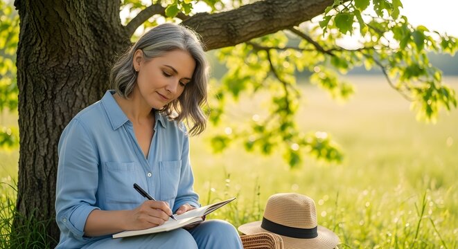 Peaceful woman journaling under a tree in nature, symbolizing mindful digital detox summer and self-care