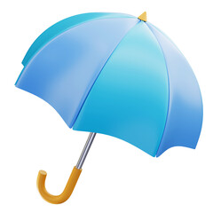 3d illustration icon of blue umbrella with glossy yellow curved handle.