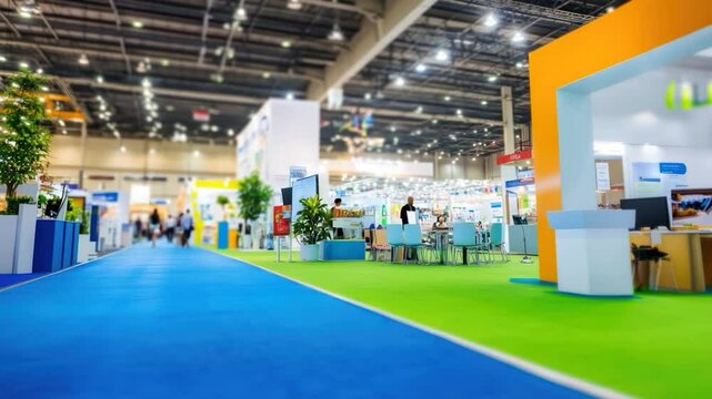 Exhibition hall with various booths and visitors