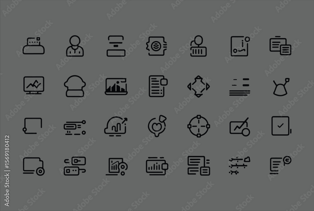 Fototapete Collection of modern outline icons representing business finance technology and data analysis concepts on a gray background