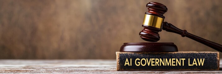 AI government  regulation  law concept. AI government law with gavel on a table background.