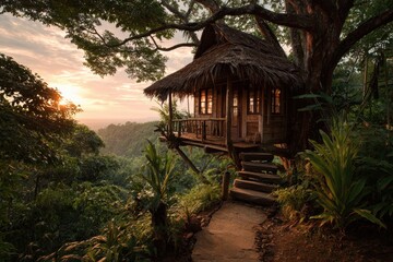 Jungle Hut. Sunset Picture of a Wooden Treehouse in Tropical Rainforest