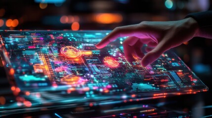 Hand interacting with a glowing holographic interface. Vivid colors, futuristic design
