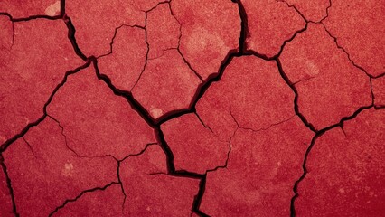 Close-up texture of cracked dry red earth soil pattern showing drought damage and arid environmental impact for agriculture landscape background concept with warm natural colors and rough surface
