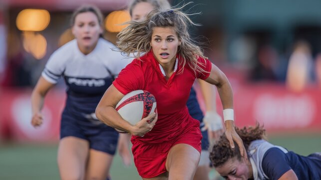 Female rugby player in red jersey evading opponents during intense match on green field - Powered by Adobe