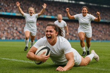 Female rugby player scores game-winning try as jubilant teammates celebrate in packed stadium