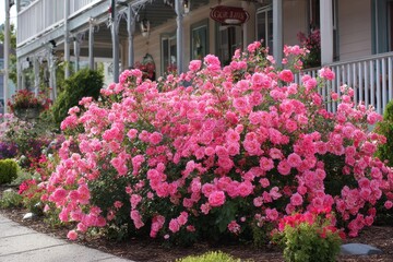 Knockout Roses: Vibrant Pink and Red Roses Gleaming in Full Bloom in Small Town Setting