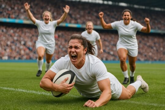 Female rugby player scores game-winning try as jubilant teammates celebrate in packed stadium