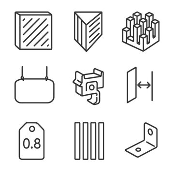 Acoustic Panels Icons. Line style icons of Acoustic Treatment Panels: broadband absorber, bass trap corner, skyline diffuser,