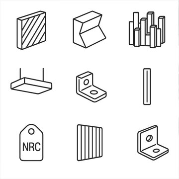 Acoustic Panels Icons. Line style icons of Acoustic Treatment Panels: broadband absorber, bass trap corner, skyline diffuser,