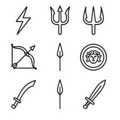 Iconic Mythological Weapons. Line style icons of Legendary Weapons: Zeus thunderbolt, Poseidon trident, Hades bident, Artemis