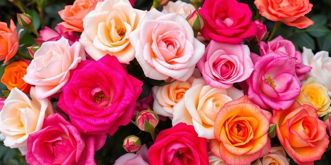 A vibrant mix of rose blossoms in various colors and stages of bloom,  colorful roses,  assorted roses
