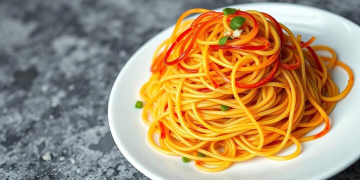 A tangled mound of spaghetti on a white plate,  home-cooked,  carbohydrate