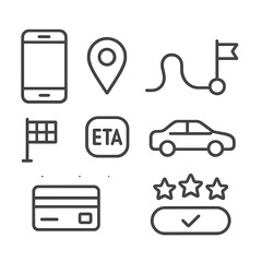 Ride-Hailing App Icons. Line style icons of Ride-Hailing App UI: smartphone screen, map pin, route line, car silhouette, pickup