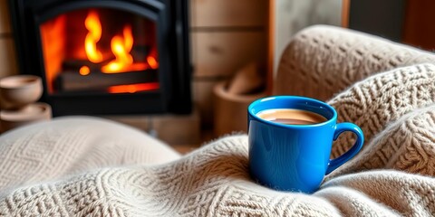 Blue mug of coffee on chair near fireplace, warm cozy scene, comfort, interior