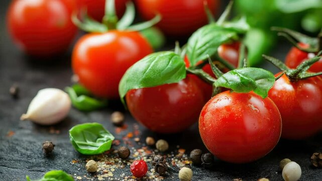 Fresh tomatoes and garlic arranged on a table, perfect for cooking or serving as is