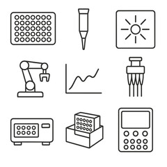 High-Throughput Screening Icons. Line style icons of High-Throughput Screening: 96-well plate, liquid handler tip, fluorescence