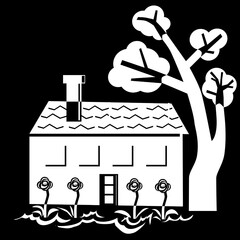 Black and white illustration of a family house with a chimney. Front view. Tree by the house. Flowers in front of the house. Garden with flowers by the house. Housing for families. Traditional family 