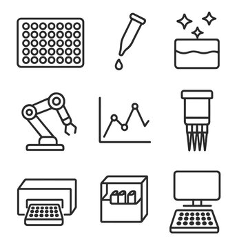 High-Throughput Screening Icons. Line style icons of High-Throughput Screening: 96-well plate, liquid handler tip, fluorescence