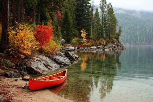 Lake Idaho. Red Canoe at Priest Lake, Idaho - Autumn Hiking in North Idaho State Park