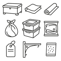 Fabric Storage Icons. Line style icons of Generational Fabric Storage: cedar chest, acid-free tissue, cotton fabric bolt, muslin