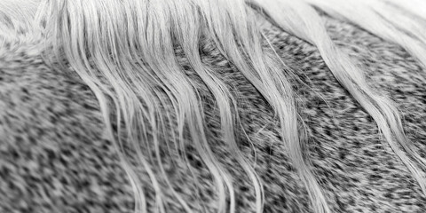 close-up of the back of a grey horse with white hair