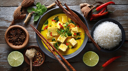 A bowl of yellow tofu curry with rice and spices on wooden table creates an authentic culinary experience.